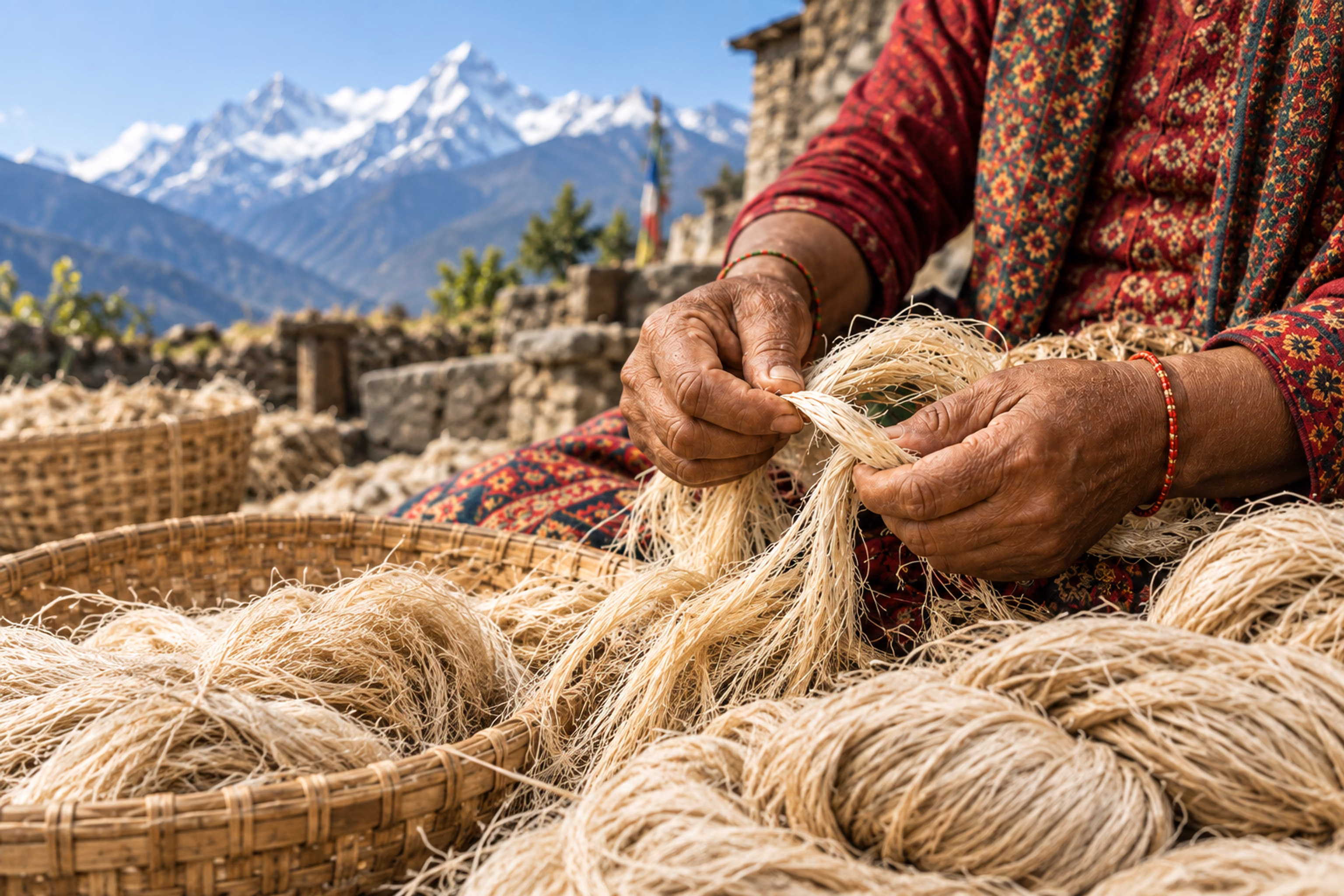 Close-up of an artisan’s hands working hemp fibre