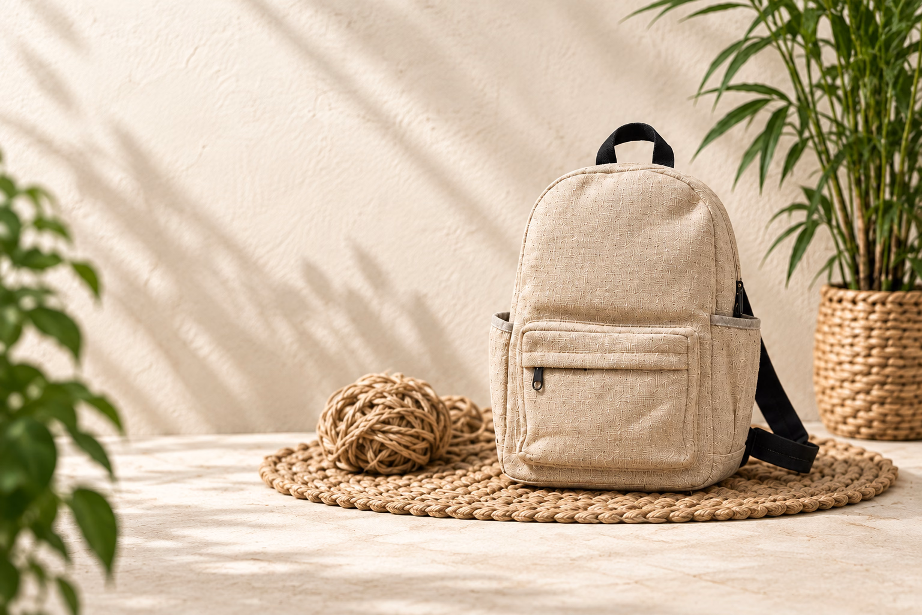 Natural hemp daypack with woven textures and greenery