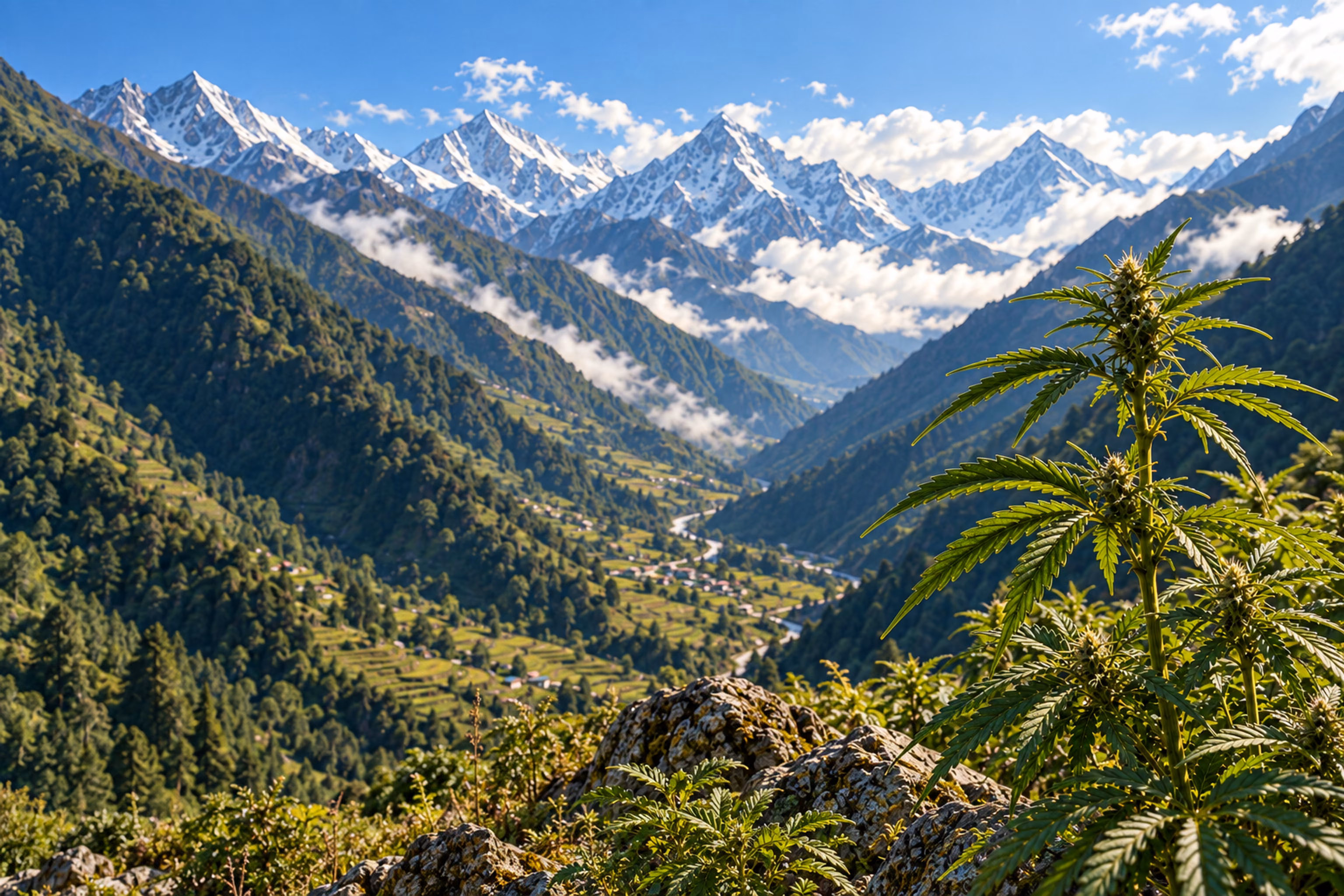 Himalayan landscape with wild hemp in the foreground